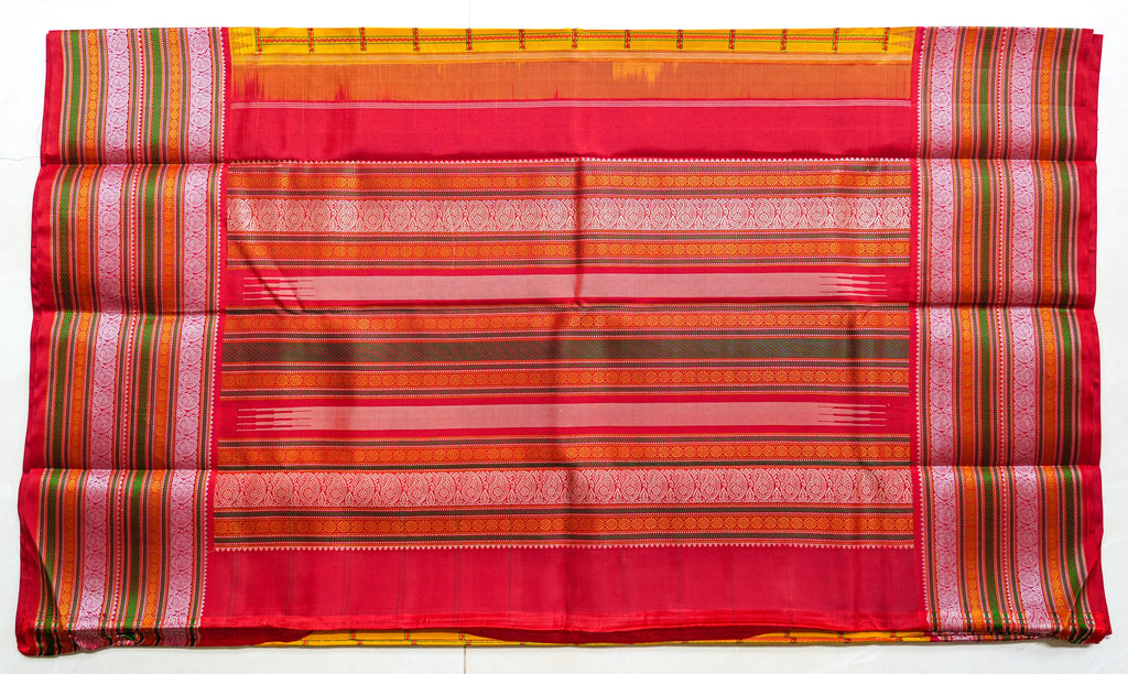 Arishina silk saree: turmeric checks with a red temple border (laid flat)