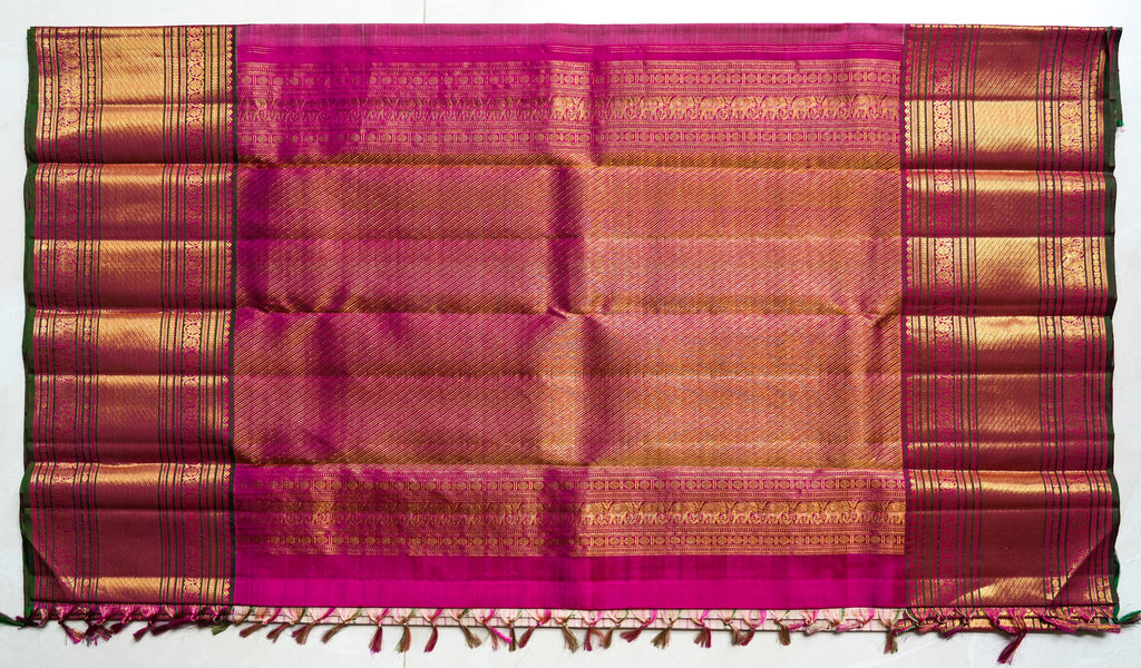 Cream & Pink Striped Silk Saree: cream silk with pink pinstripes and a maroon and gold zari border (laid flat)