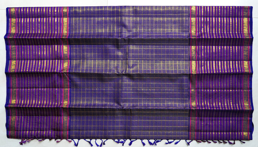 Neelambari silk saree: royal purple with gold zari stripes (laid flat)