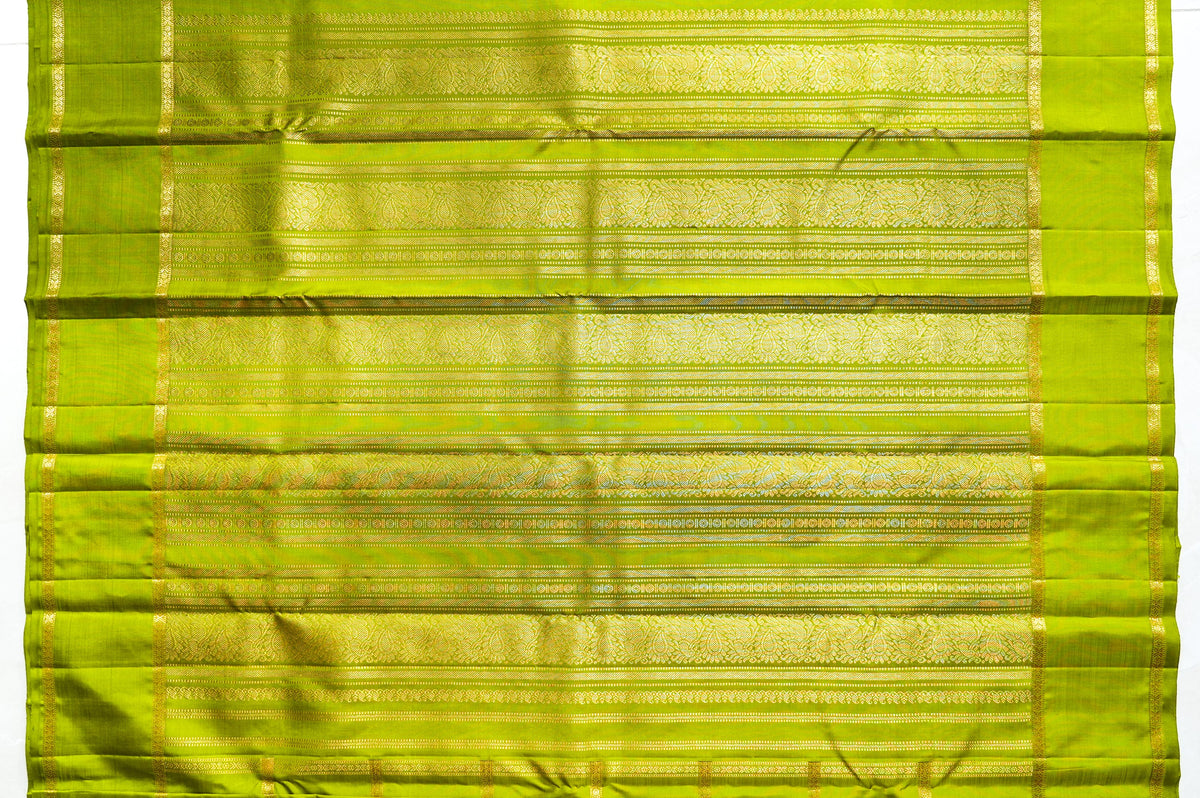 Olive Green Silk Saree with Gold Butas: olive-green silk with gold butas set in zari squares (laid flat)