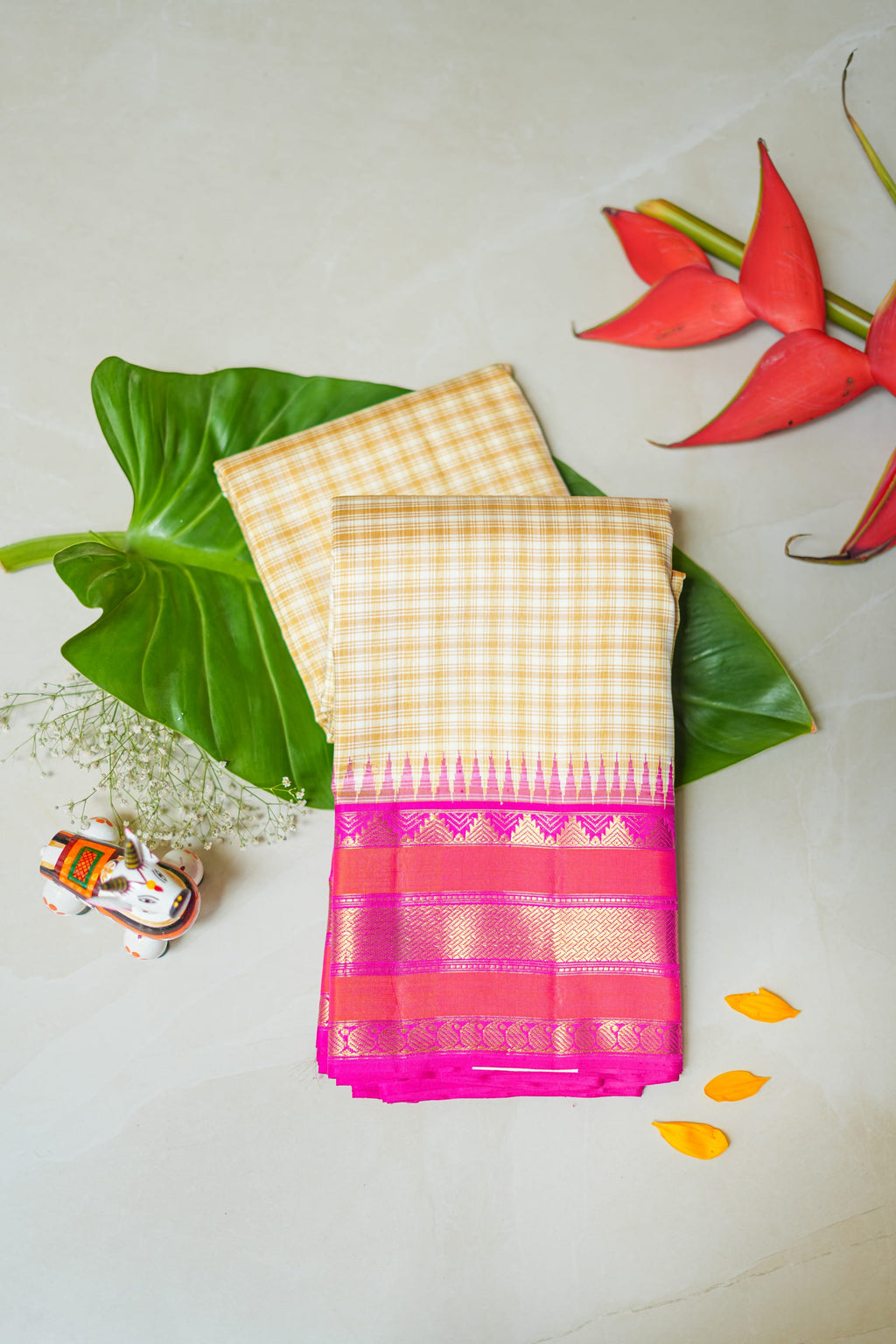 Sandhya silk saree: cream checks, coral and rani pink border (folded)