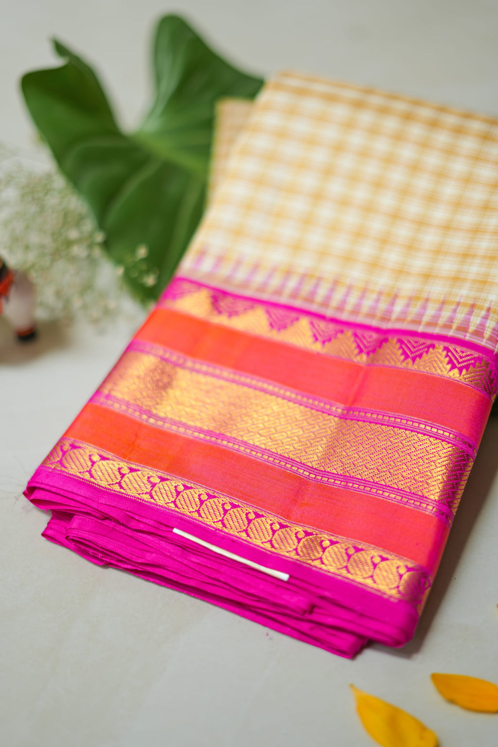 Sandhya silk saree: cream checks, coral and rani pink border (folded)