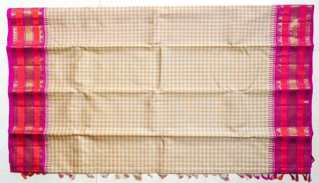 Sandhya silk saree: cream checks, coral and rani pink border (laid flat)
