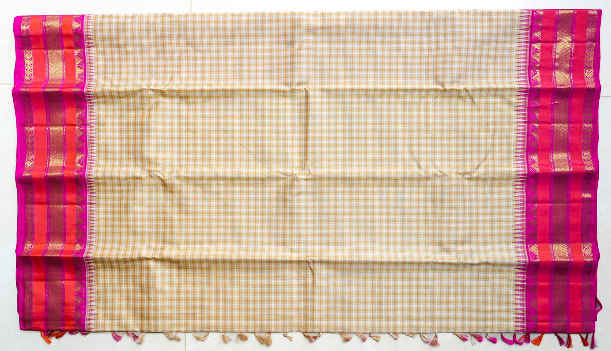 Sandhya silk saree: cream checks, coral and rani pink border (laid flat)